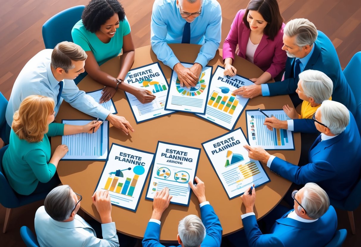 A family gathered around a table with a document on estate planning, discussing and sharing ideas peacefully