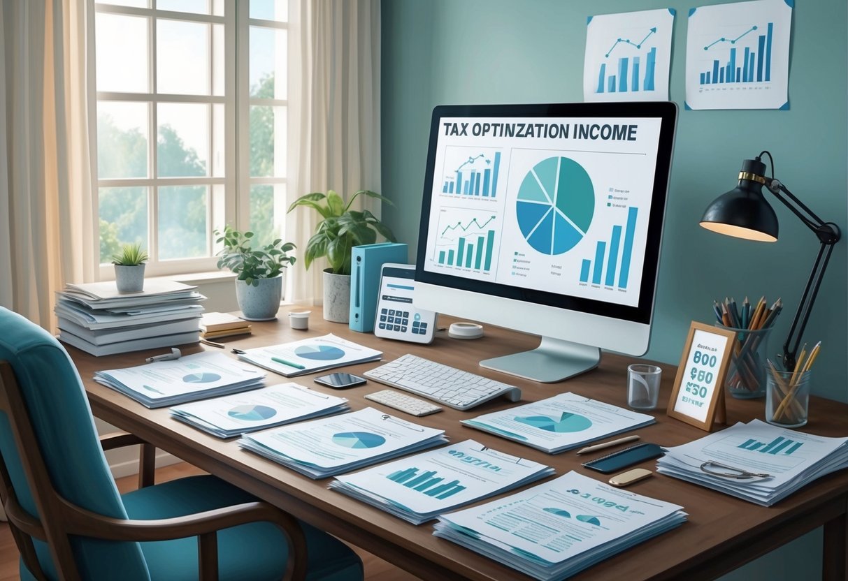 A serene and organized home office with a desk covered in financial documents and charts, while a computer screen displays tax optimization strategies for passive income