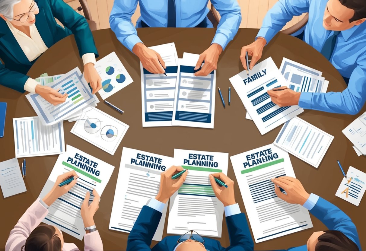 A family meeting around a table, discussing estate planning documents and strategies. Papers and pens scattered on the table, with a clear and organized layout