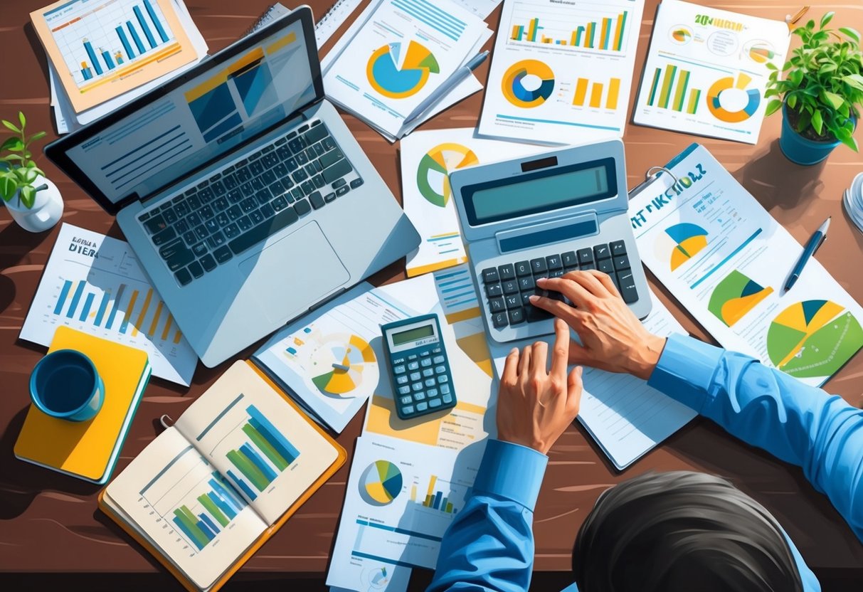 A cluttered desk with financial documents, charts, and a calculator. A person researching tax deductions and credits with a laptop and notebook