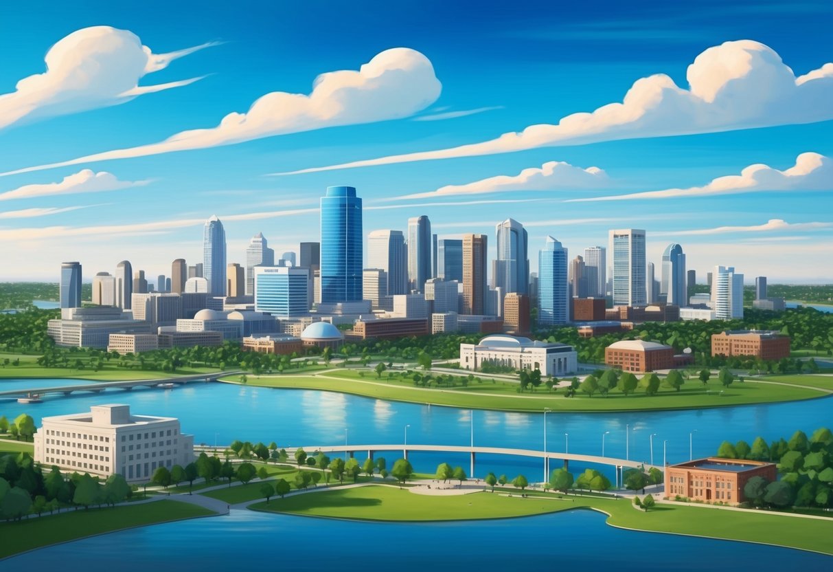 A peaceful city skyline with a backdrop of blue skies and green parks, featuring various municipal buildings and infrastructure