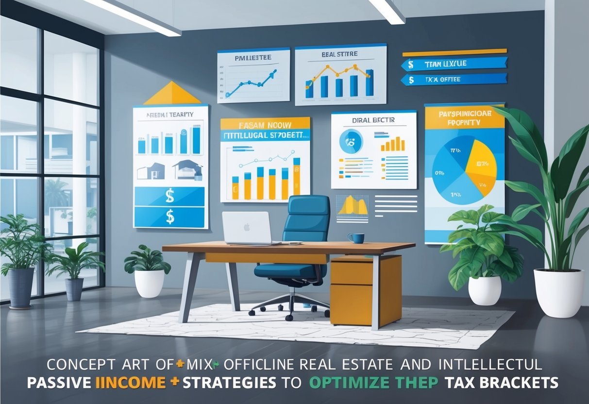 A modern office with a mix of real estate and intellectual property assets, alongside charts and graphs illustrating passive income strategies to optimize tax brackets