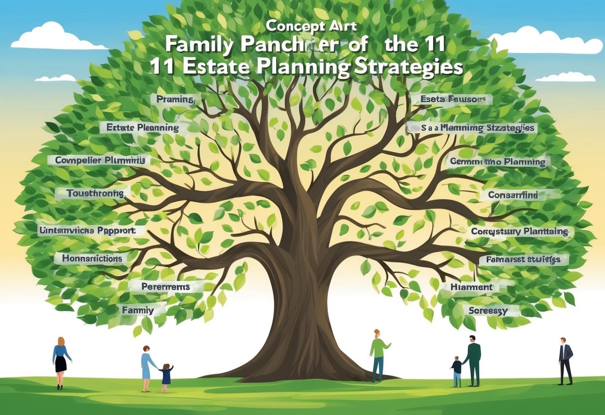 A family tree with branches representing each of the 11 estate planning strategies, growing and intertwining to symbolize harmony and unity