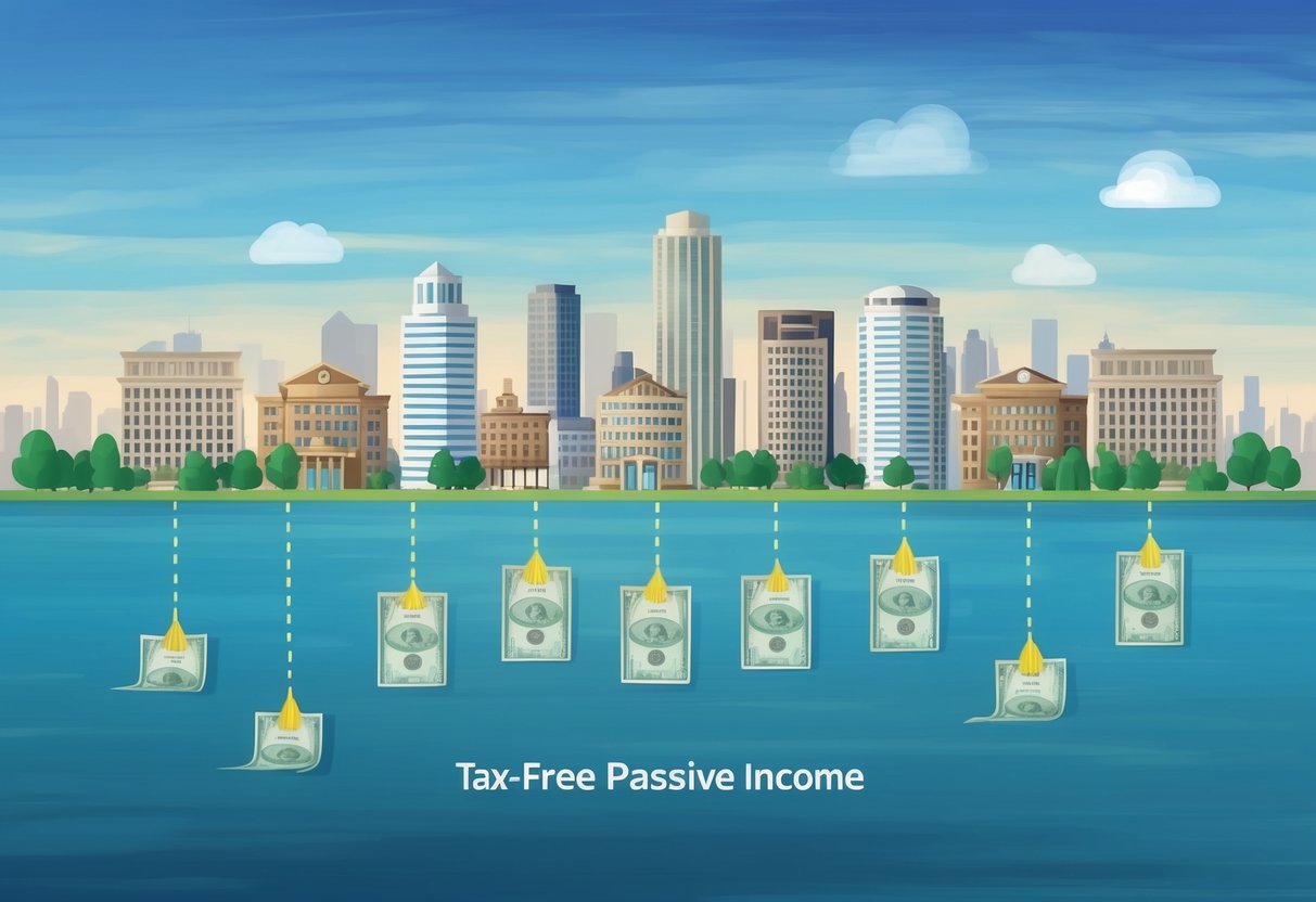 A peaceful city skyline with a row of municipal buildings and a stream of income flowing from them in the form of tax-free passive income