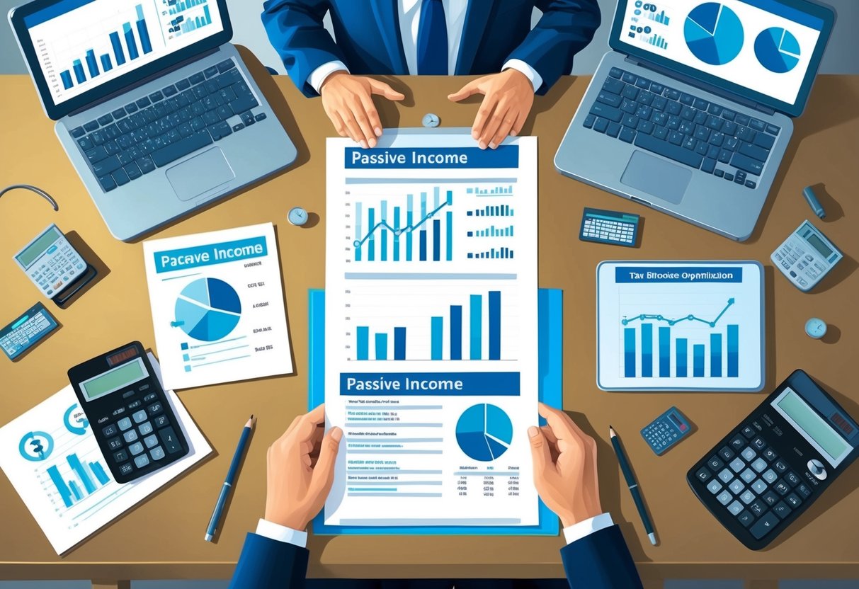 A table with financial documents and charts, surrounded by calculators and computer screens showing passive income strategies and tax brackets optimization