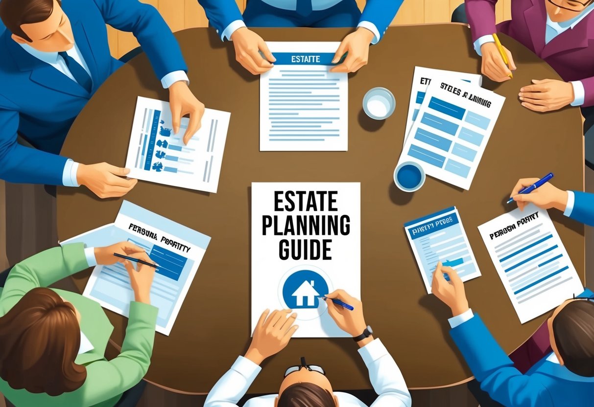 A family sitting around a table, discussing and planning the distribution of personal property. Papers, pens, and a clear estate planning guide are visible on the table