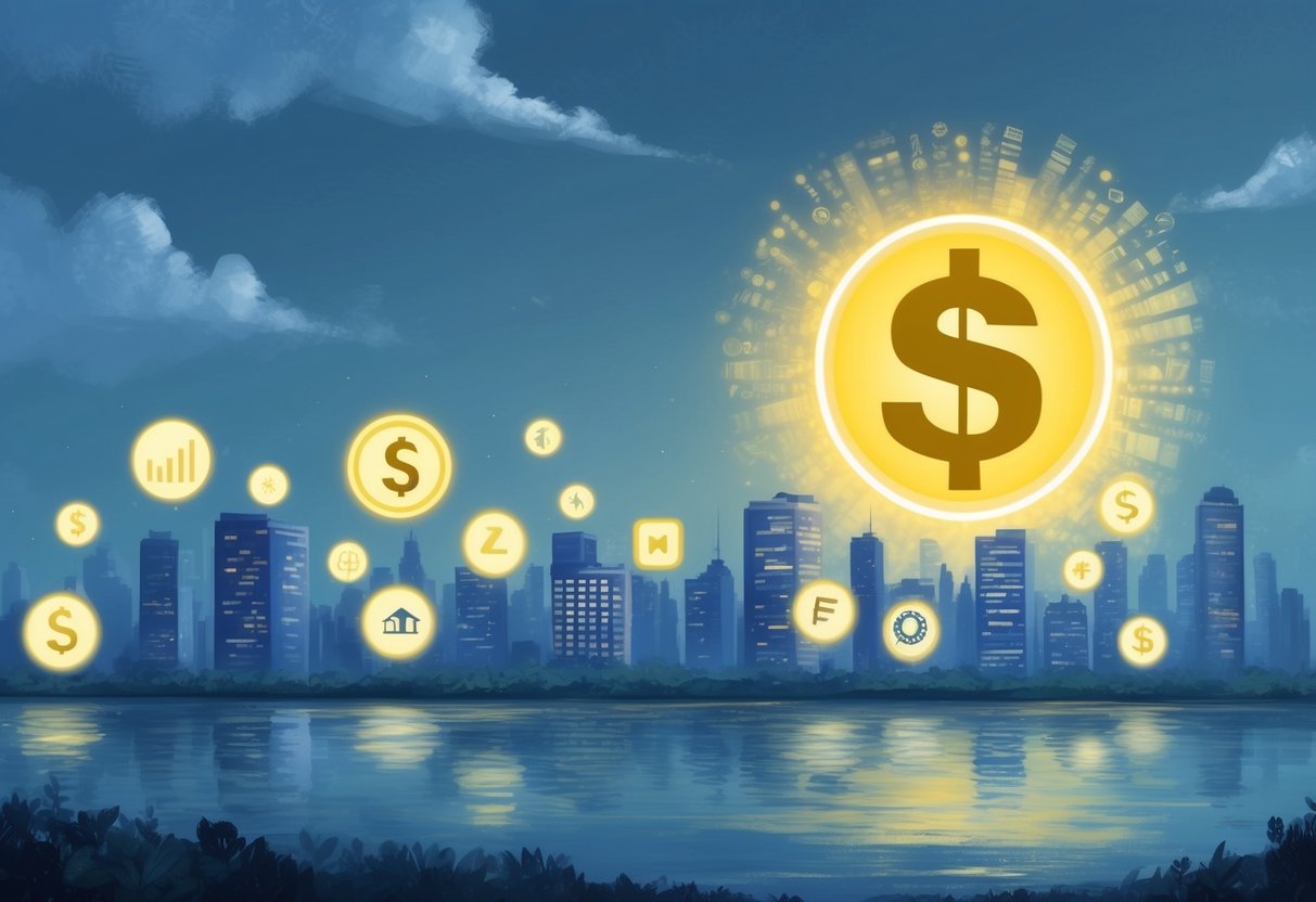 A serene cityscape with various investment symbols (stocks, real estate, etc.) overshadowed by a prominent municipal bond symbol emitting a tax-free glow