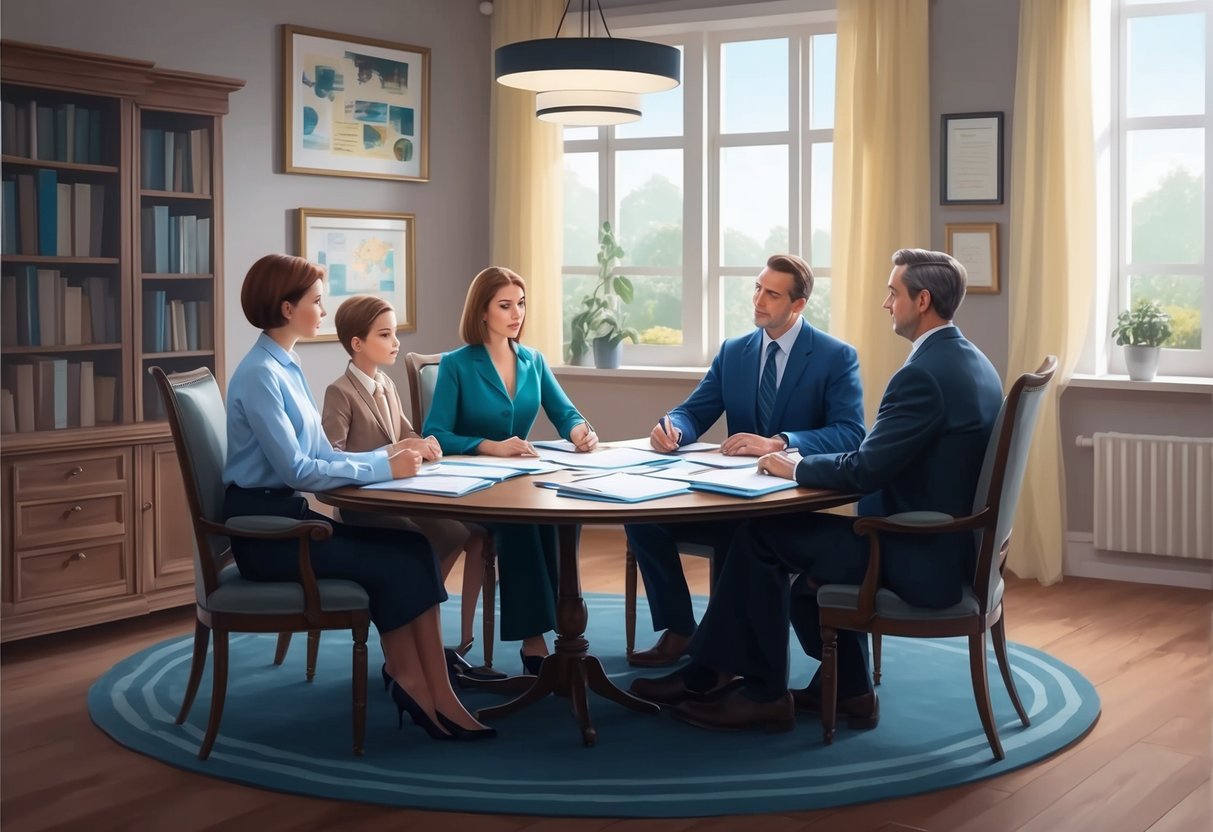 A family sitting around a table, discussing documents and assets with a lawyer. The room is filled with a sense of organization and clarity