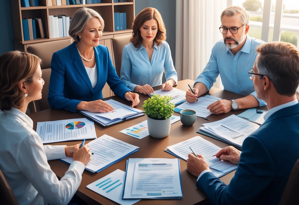 A family sitting around a table, discussing and planning their estate with documents and legal papers spread out in front of them