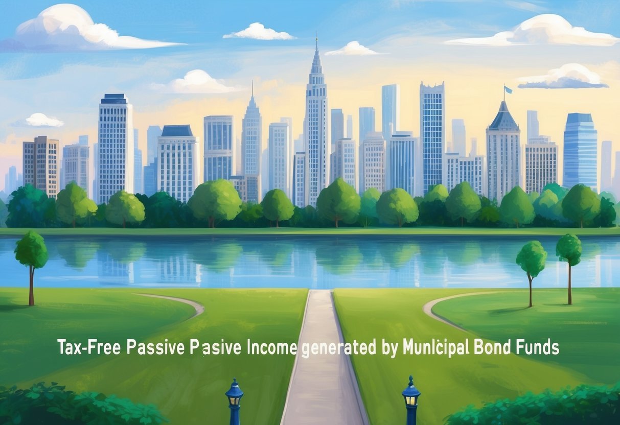 A peaceful city skyline with a row of municipal buildings and a serene park, symbolizing the tax-free passive income generated by municipal bond funds