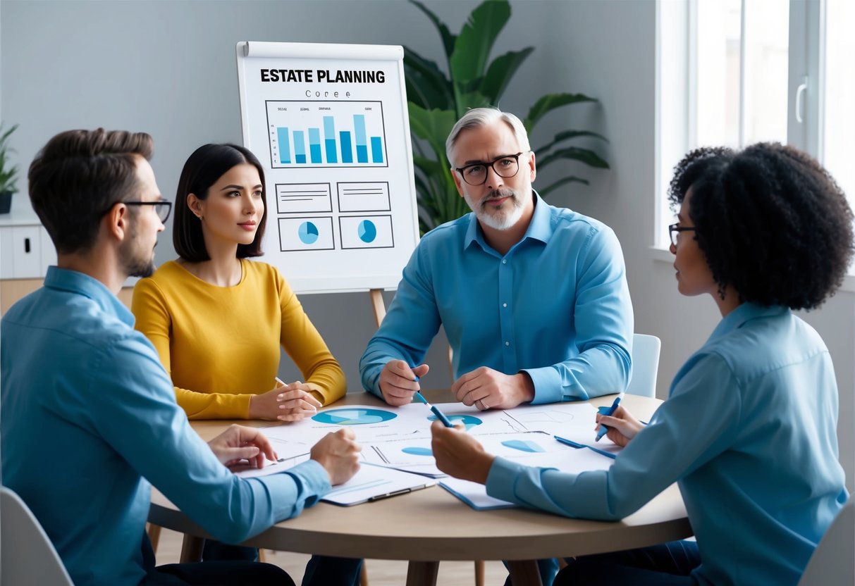 A family sitting around a table, discussing estate planning with calm and focused expressions. A whiteboard or chart with clear visual aids is displayed to aid in the discussion