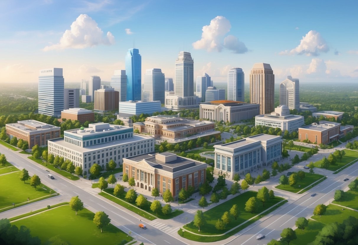 A peaceful city skyline with a variety of municipal buildings and infrastructure, surrounded by lush green parks and clean, well-maintained streets