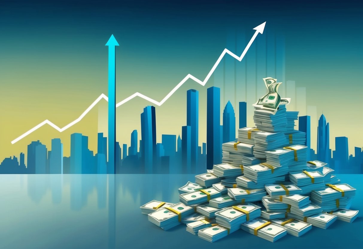 A city skyline with a graph showing upward trend, and a pile of money representing tax-free income