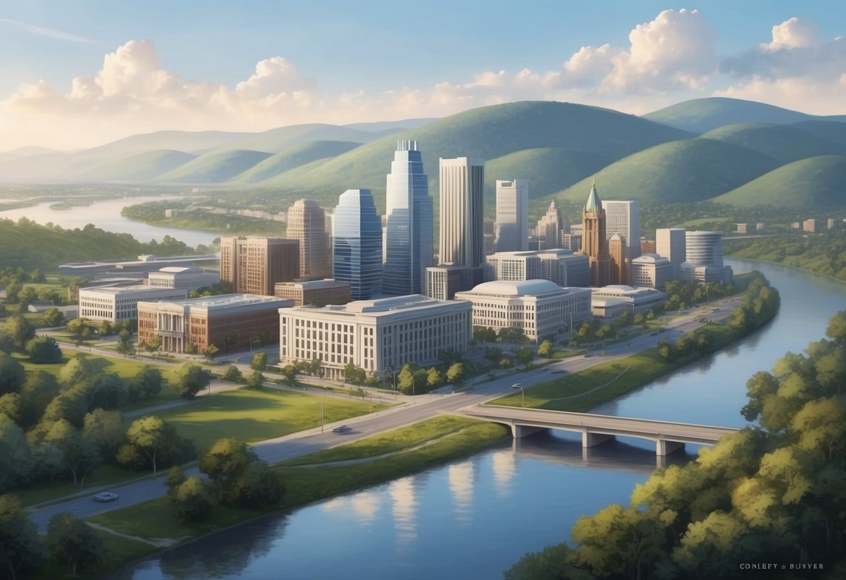 A serene city skyline with a backdrop of rolling hills, featuring a collection of municipal buildings and infrastructure, surrounded by lush greenery and a tranquil river
