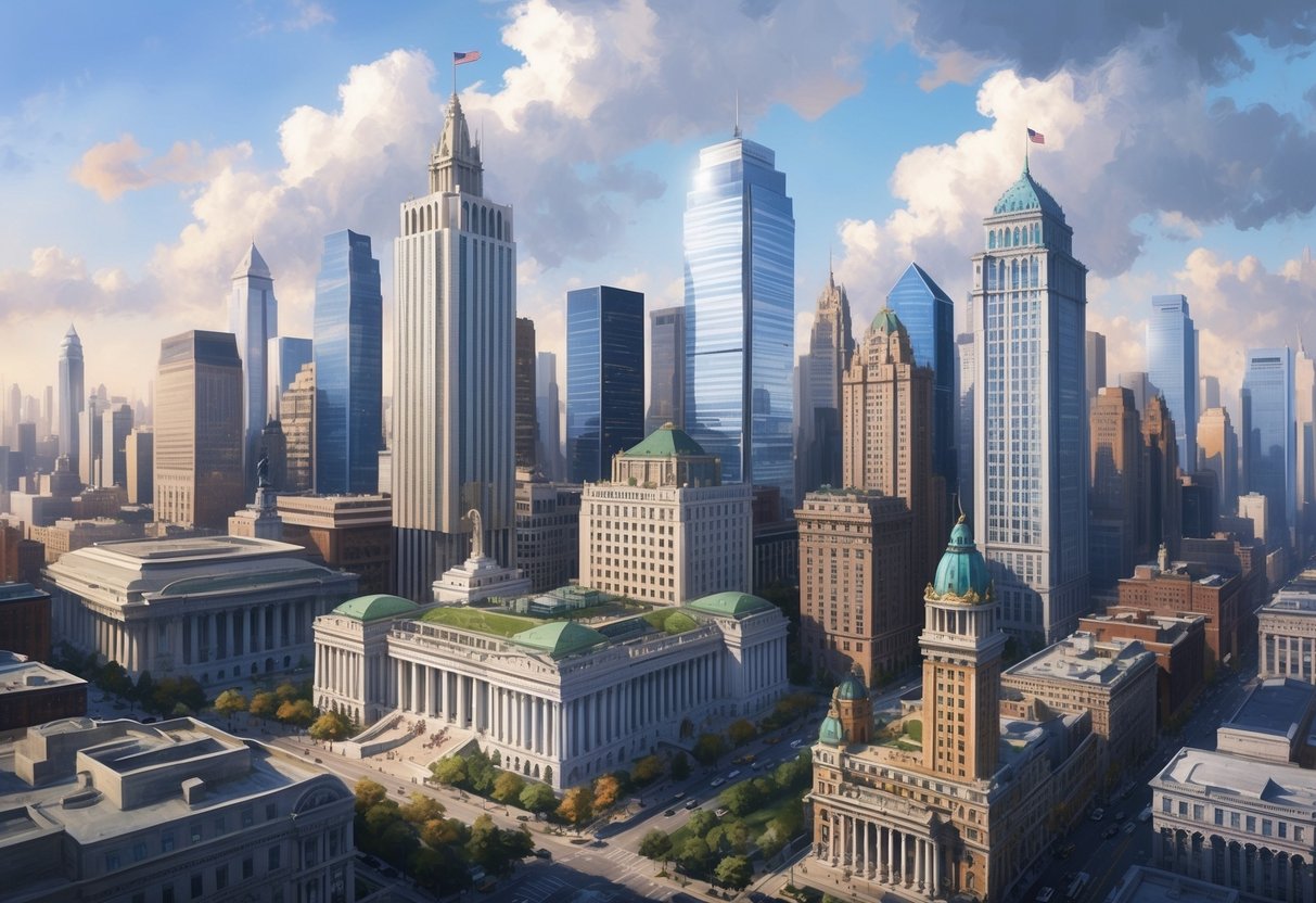 A bustling city skyline with a mix of modern and historic architecture, featuring a prominent municipal building and a vibrant financial district