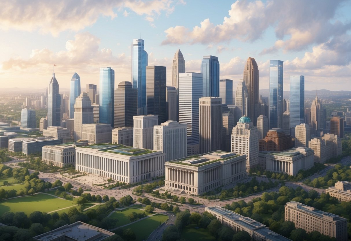 A bustling city skyline with a focus on municipal buildings and financial institutions, surrounded by green parks and public spaces