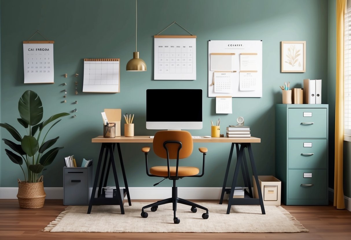 A cozy home office setup with a desk, computer, and office supplies. A calendar on the wall and a filing cabinet for organization