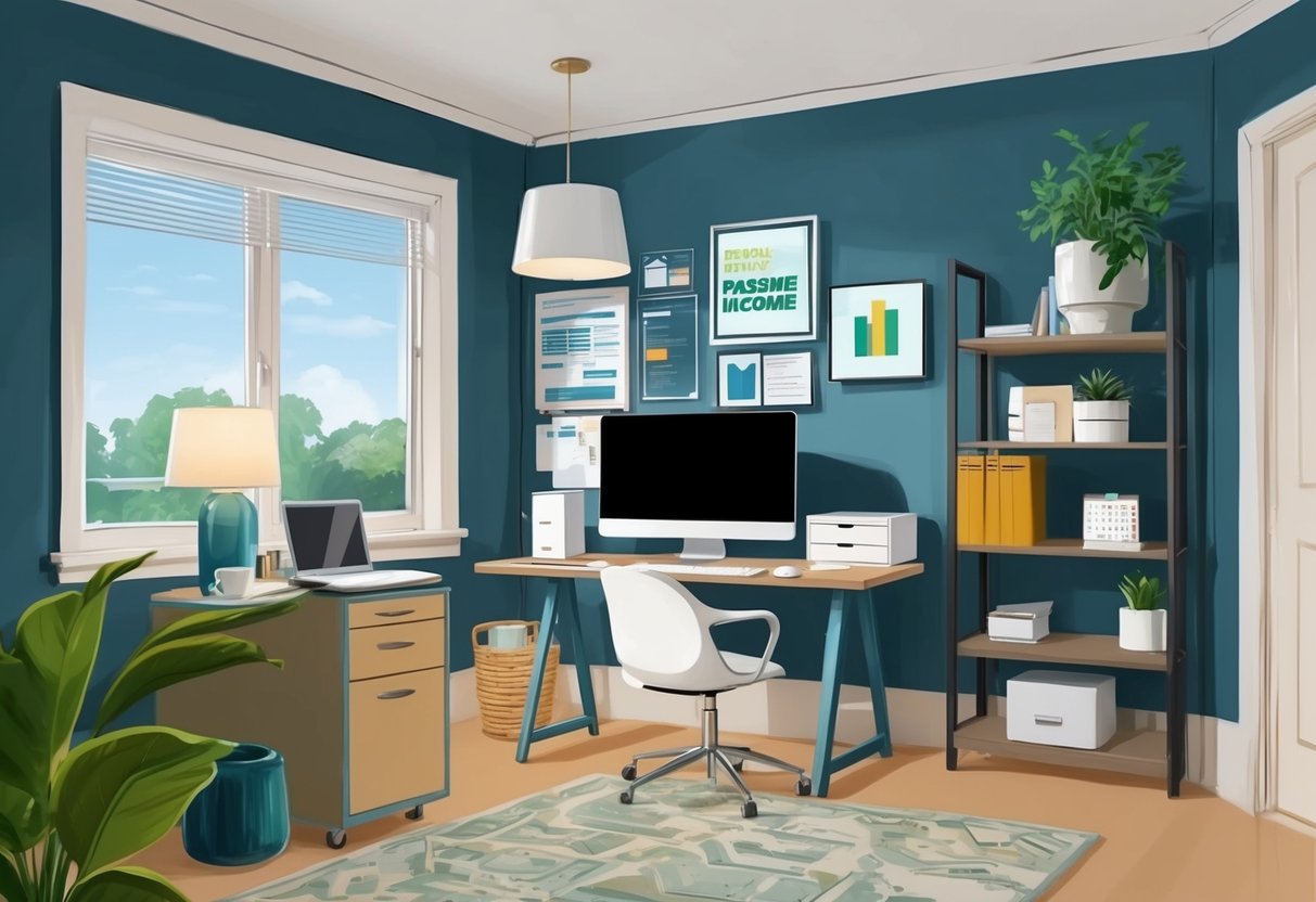 A home office with a computer, desk, and other business-related items. A separate area for passive income activities, such as rental property management