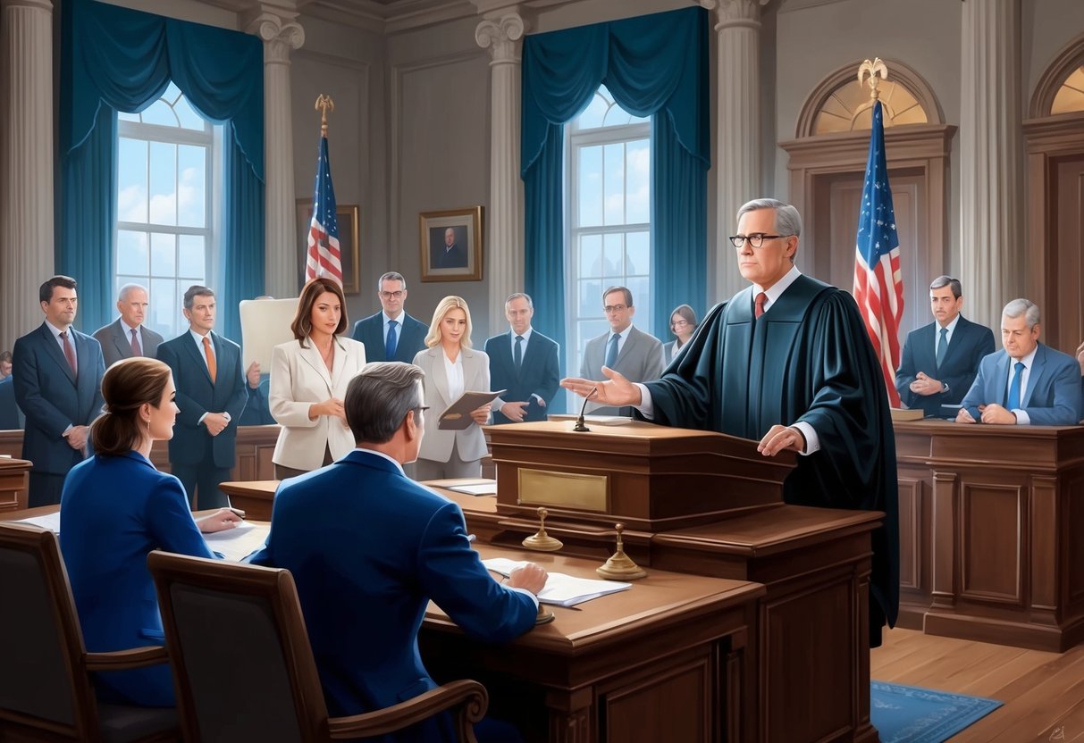 A courtroom with a judge presiding over a probate hearing, with lawyers presenting arguments and family members in attendance