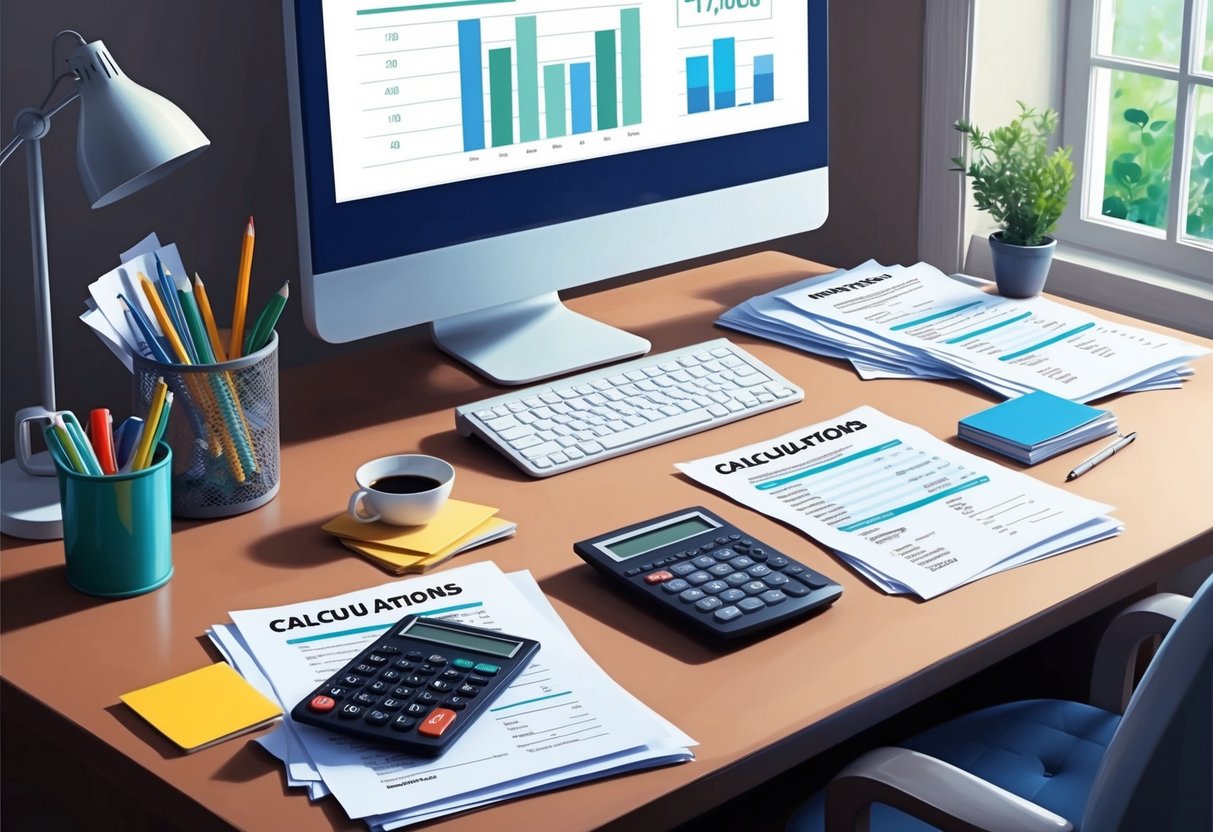 A cozy home office with a desk, computer, and office supplies. A calculator and financial documents are spread out, indicating calculations for deductions
