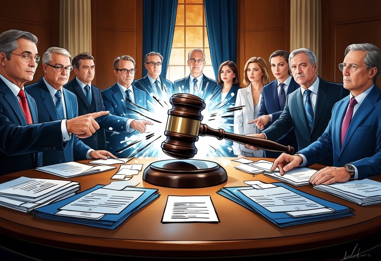 A gavel strikes as figures look on, pointing to various assets and documents