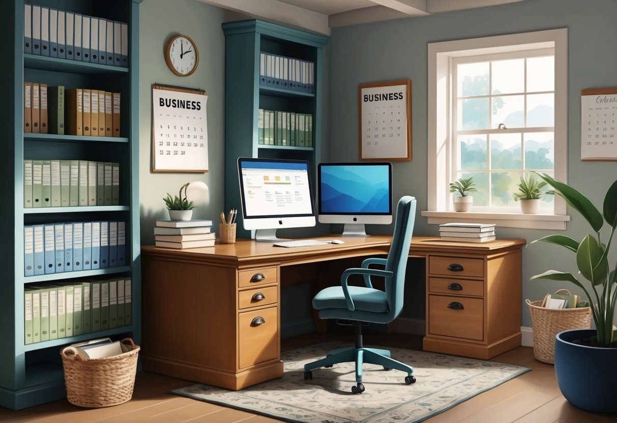 A cozy home office with a desk, computer, and filing cabinet, surrounded by shelves of business books and a calendar on the wall