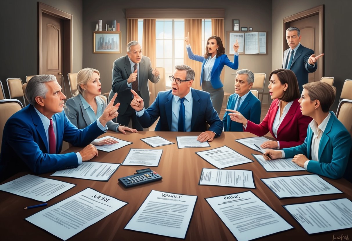 A chaotic family meeting with pointing fingers and raised voices, surrounded by legal documents and empty chairs