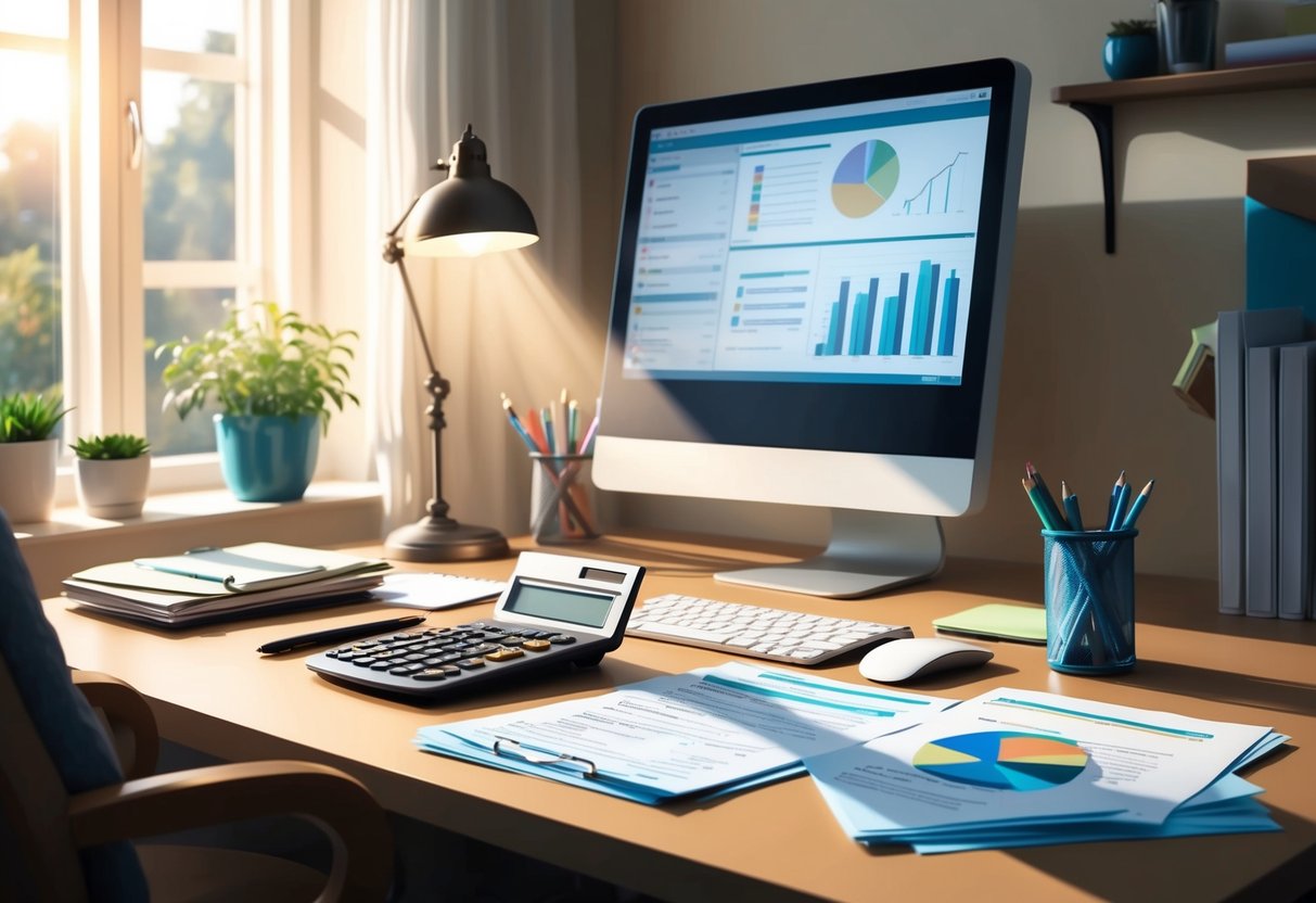 A cozy home office with a desk, computer, and work supplies. A calculator and financial documents are scattered on the desk. Sunlight streams in through the window