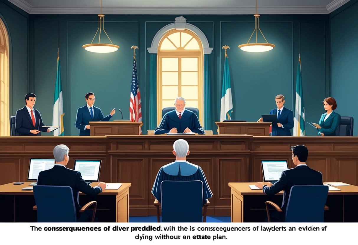 A courtroom with a judge presiding over a legal proceeding, with lawyers presenting arguments and evidence related to the consequences of dying without an estate plan