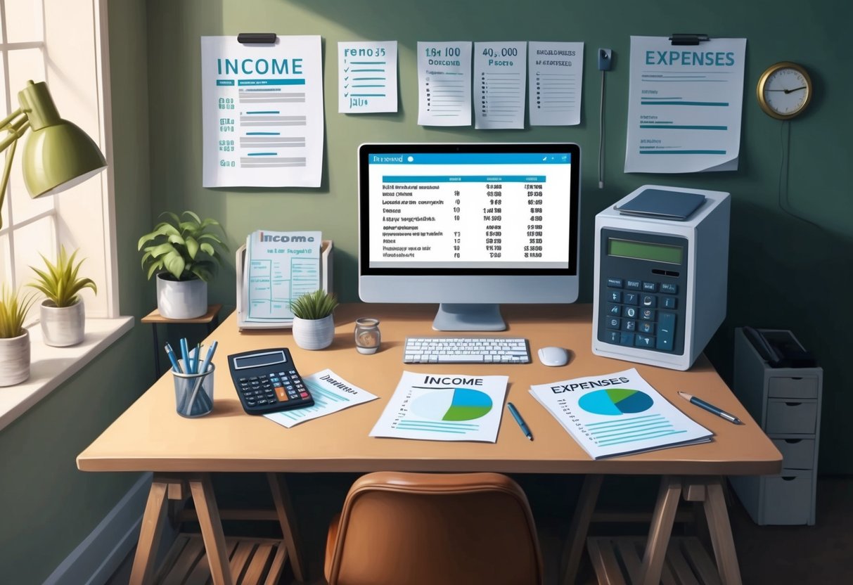 A cozy home office with a computer, desk, chair, and various business-related items. A calculator and documents show income and expenses