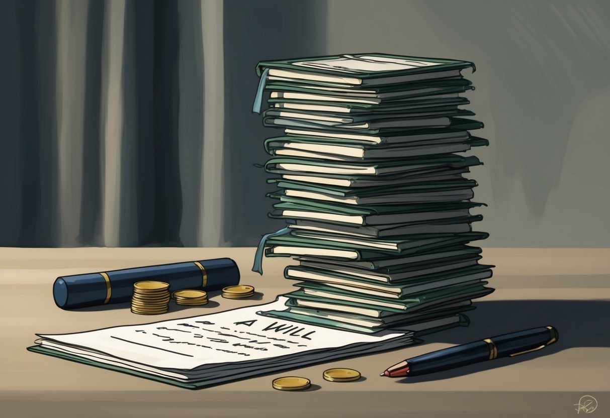 A stack of assets sits untouched while a will remains unsigned, creating chaos and confusion