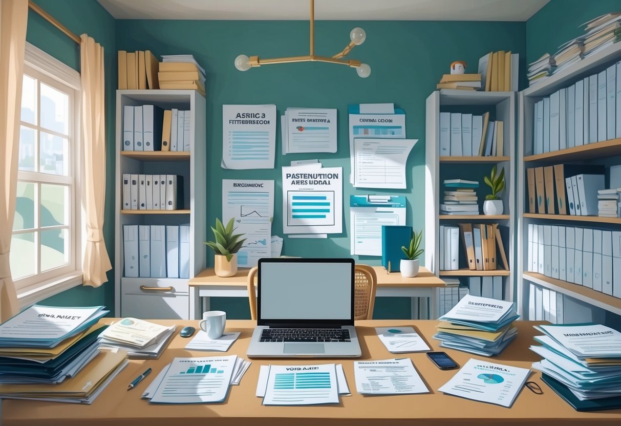A cozy home office with a laptop, desk, and chair surrounded by business documents and financial records. A separate area of the room is designated for passive income business activities