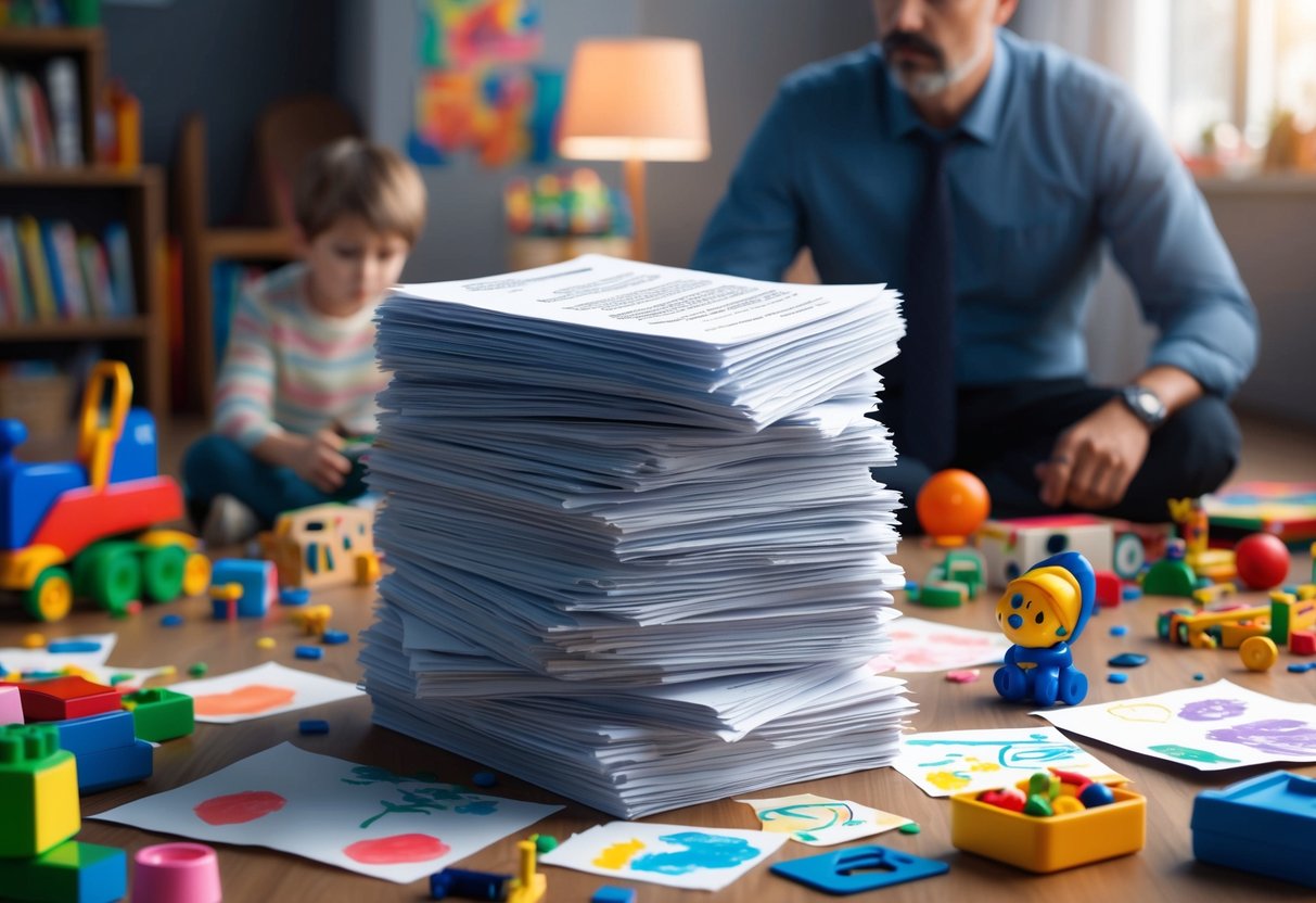 A stack of legal documents surrounded by scattered toys and children's artwork, with a concerned adult figure in the background