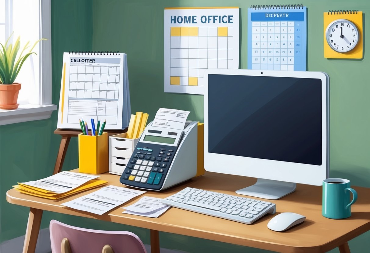 A cozy home office with a desk, computer, and office supplies. A calculator and receipts are organized on the desk, with a calendar and tax forms in the background