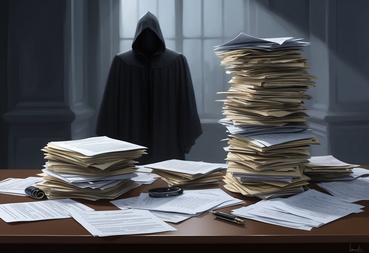 A stack of unclaimed assets and legal documents scattered on a desk, with a shadowy figure looming in the background
