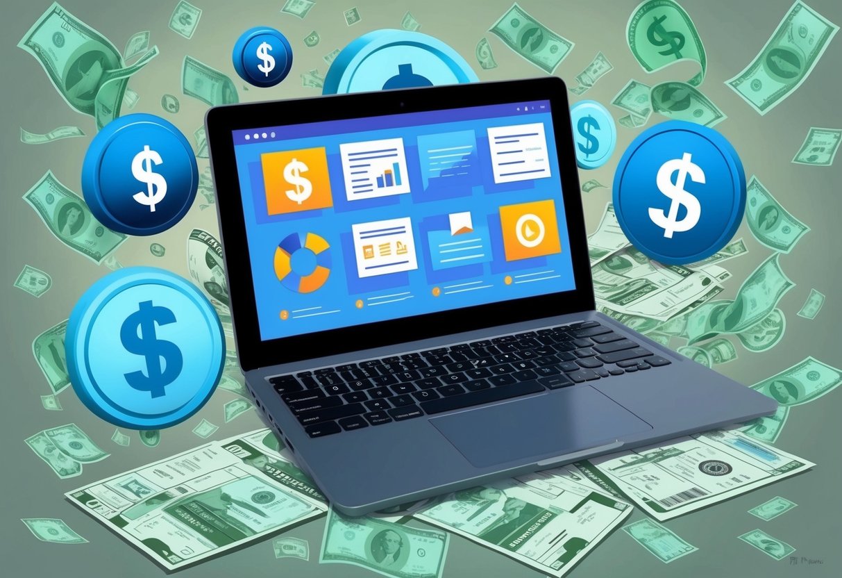 A laptop displaying various digital content, surrounded by money symbols and tax forms