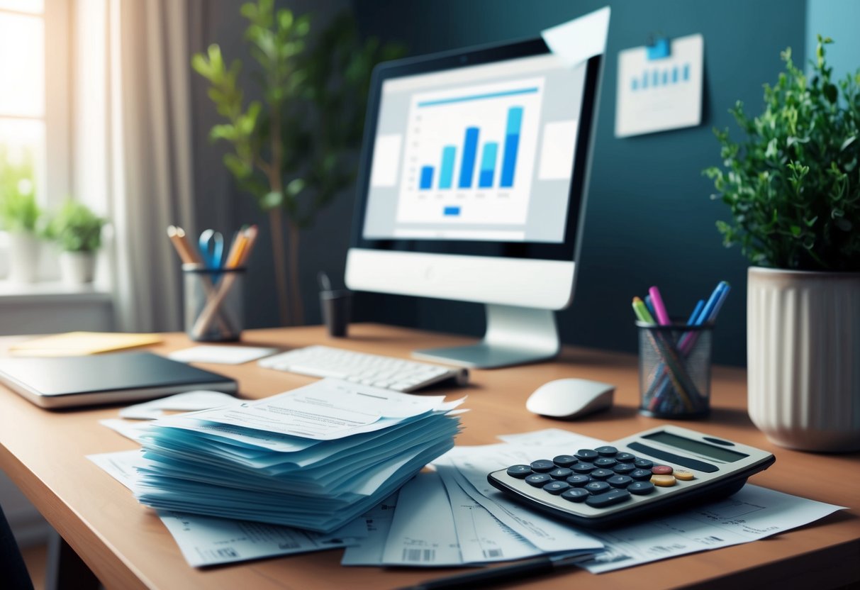 A cozy home office with a desk, computer, and office supplies. A stack of business expense receipts and a calculator on the desk