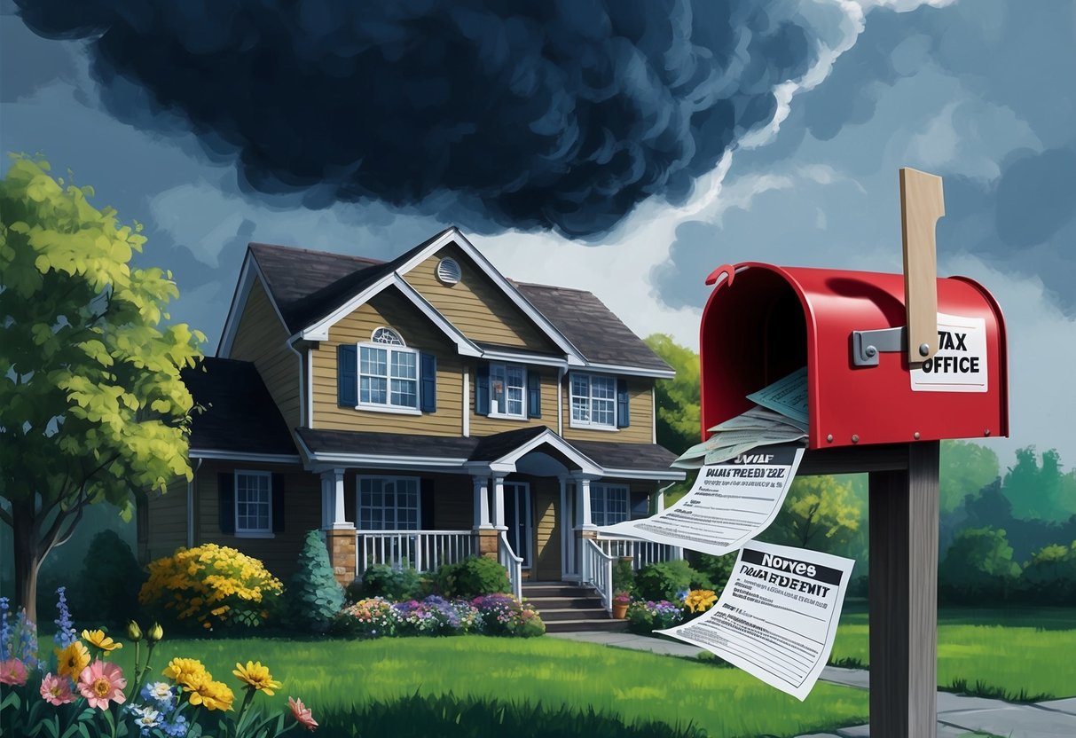 A dark cloud hovers over a family home, casting shadows on the once vibrant garden and causing the flowers to wilt. The mailbox overflows with unpaid bills and notices from the tax office