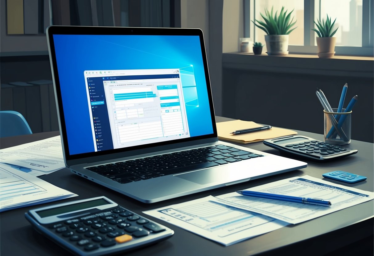 A laptop open on a desk with a stylus, calculator, and tax forms scattered around. A digital content creation software interface is visible on the screen