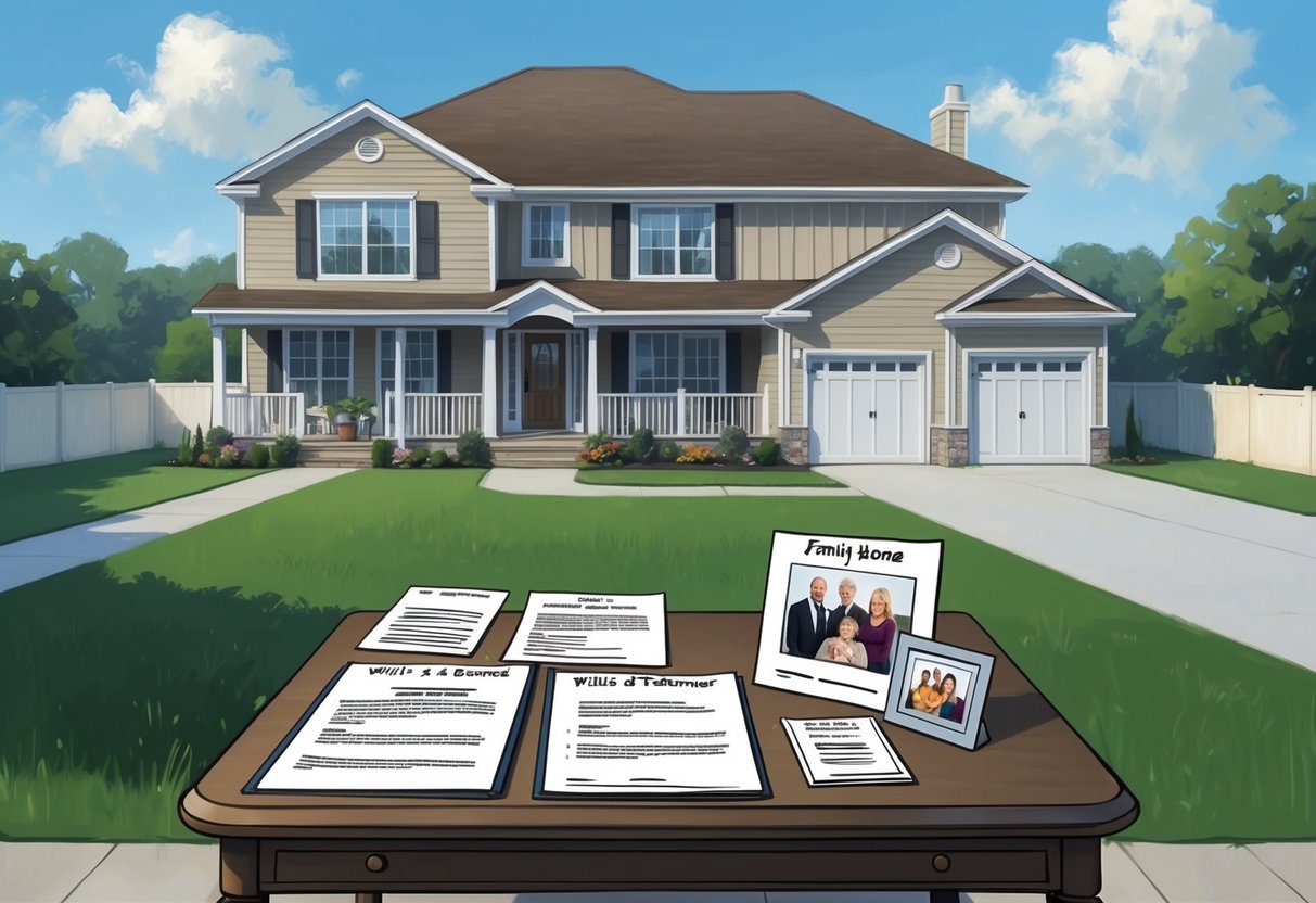 A family home with a split-level design and a spacious backyard, featuring a will and testament, legal documents, and a family photo on a table