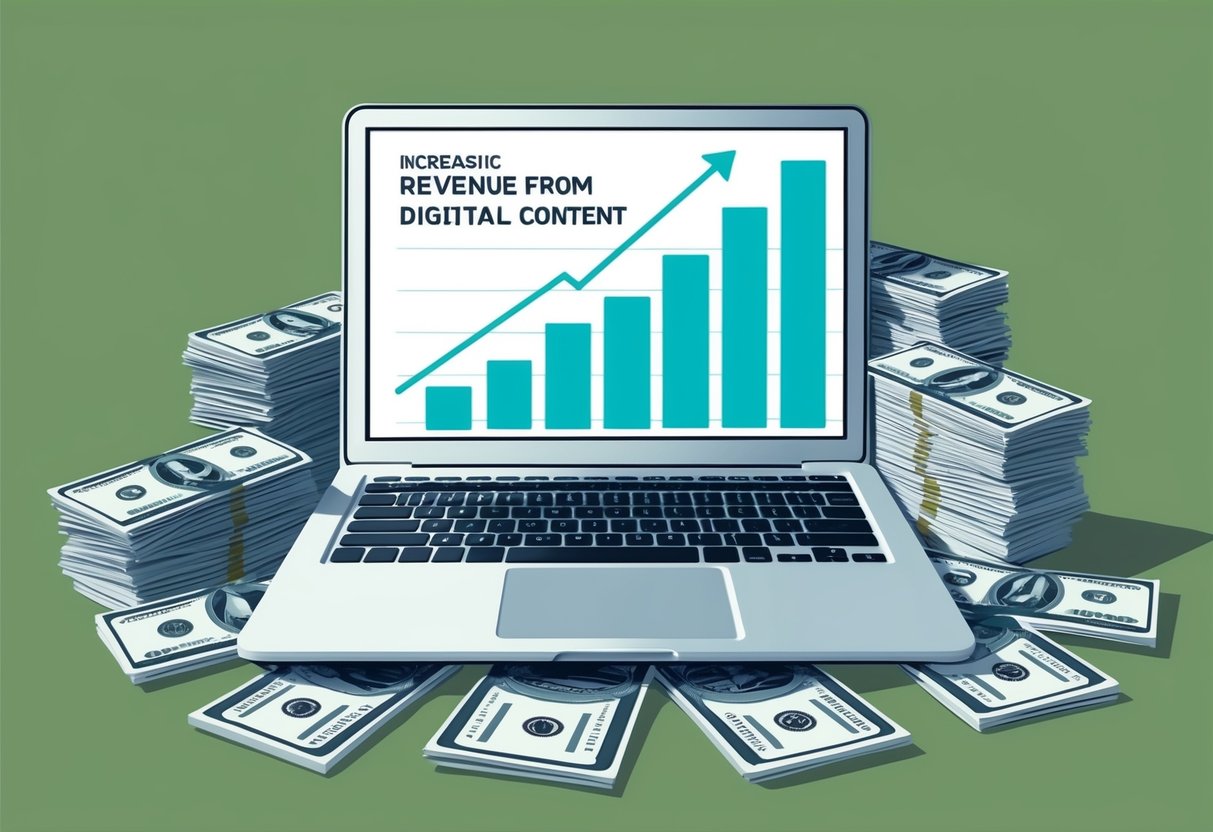 A laptop surrounded by stacks of dollar bills, with a graph showing increasing revenue from digital content
