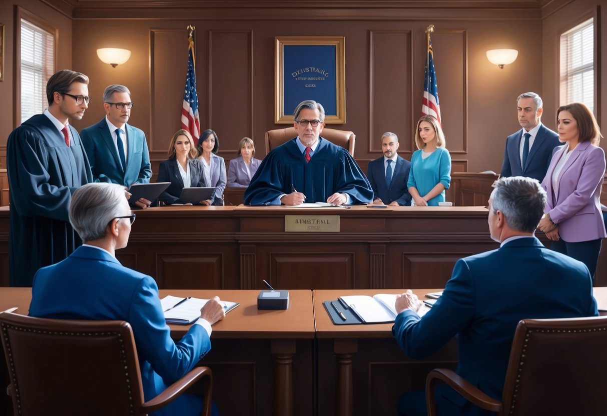 A courtroom with a judge presiding over a case involving the distribution of assets for someone who died intestate. Lawyers present arguments while family members look on with concern