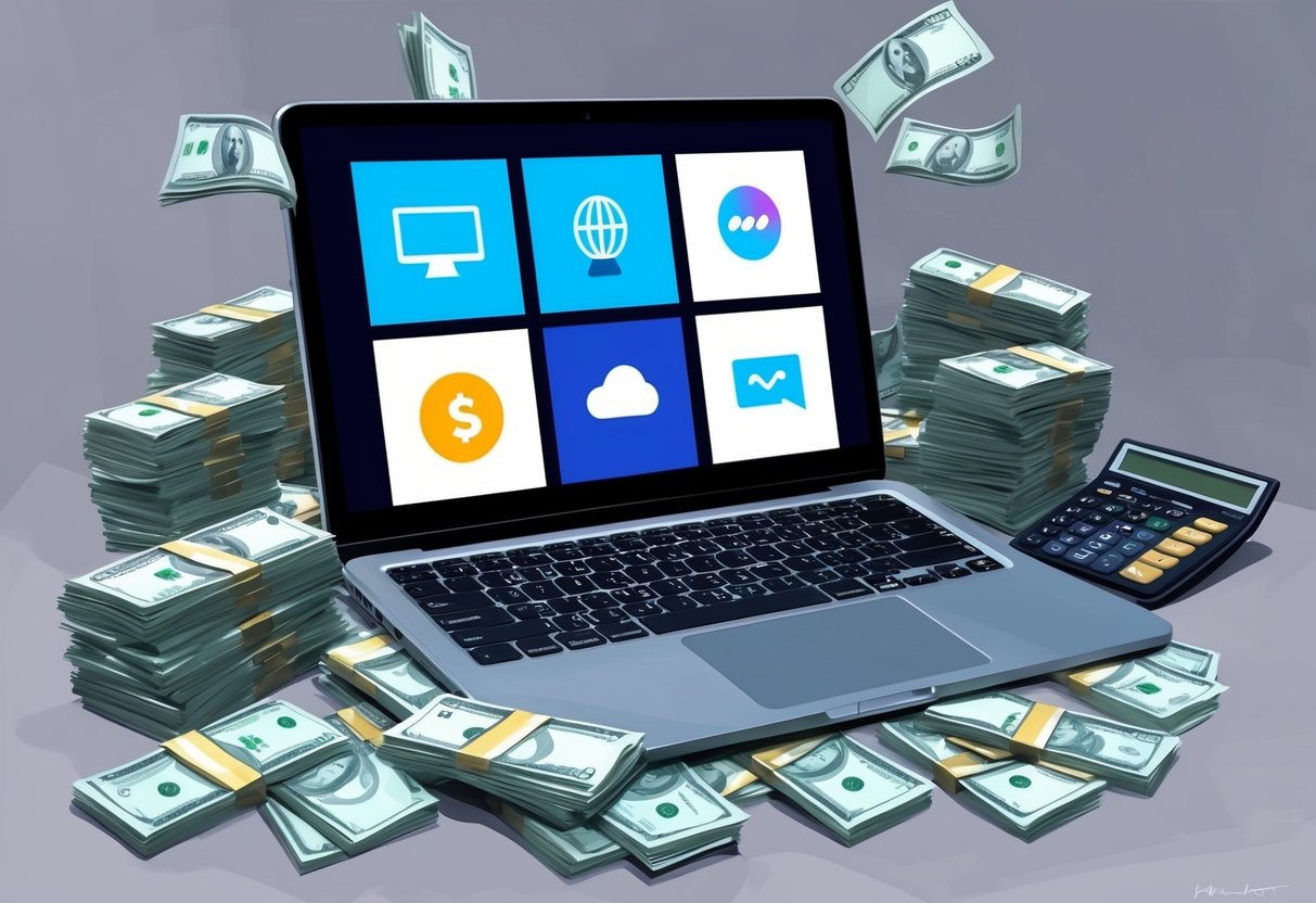 A laptop with various digital content platforms and apps displayed, surrounded by stacks of money and a calculator