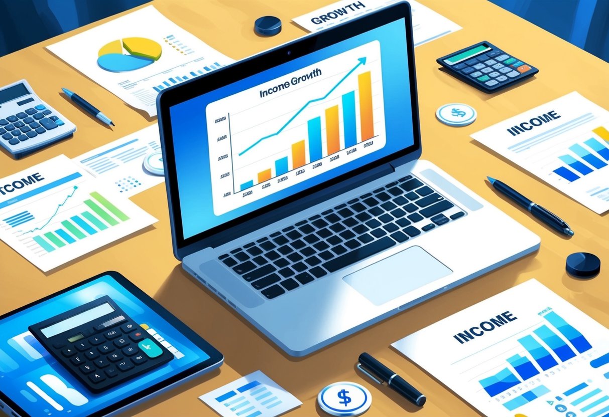 A laptop displaying a graph of income growth, surrounded by digital devices and financial documents, with a calculator and pen on the table