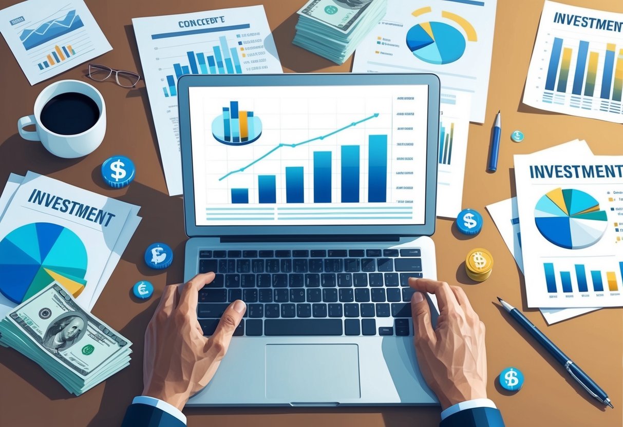 A laptop surrounded by financial documents and investment charts, with a stack of cash and digital content creation tools nearby