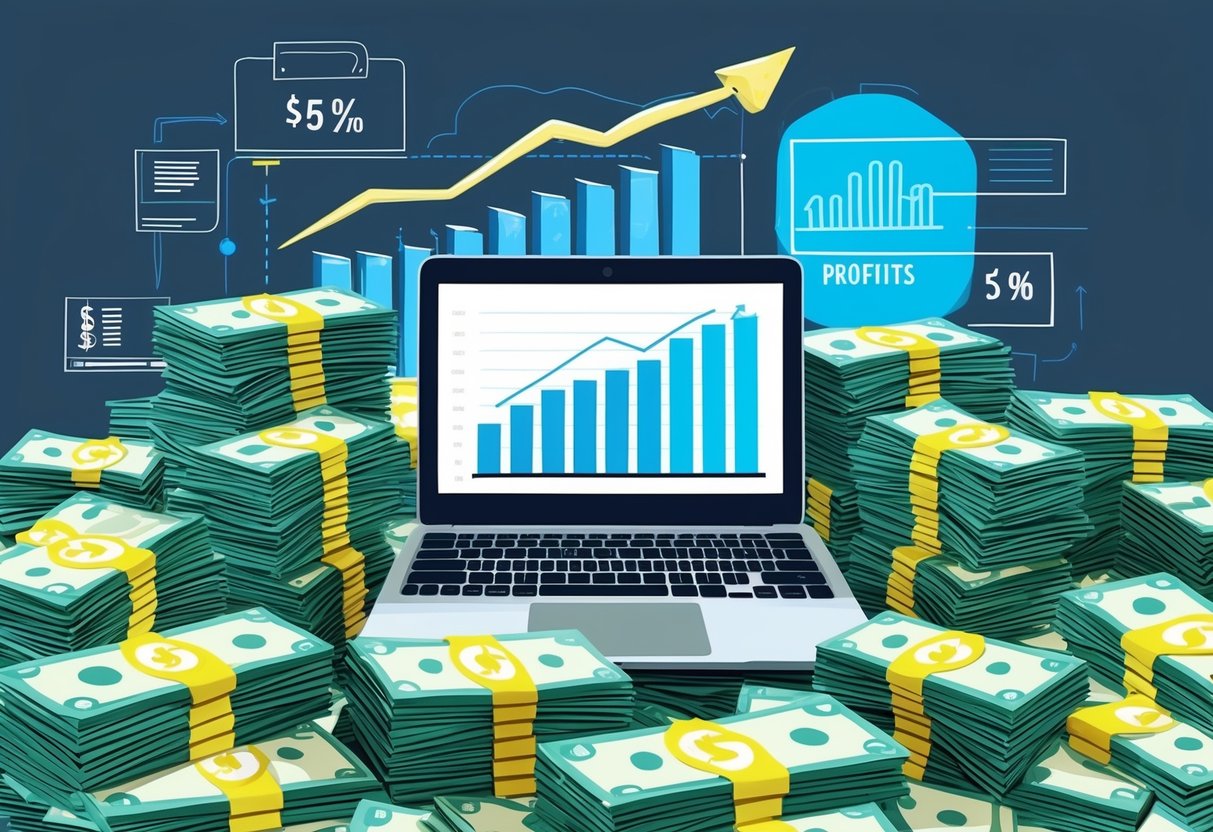 A laptop surrounded by stacks of money, with a graph showing increasing profits. A digital content creation process is depicted in the background