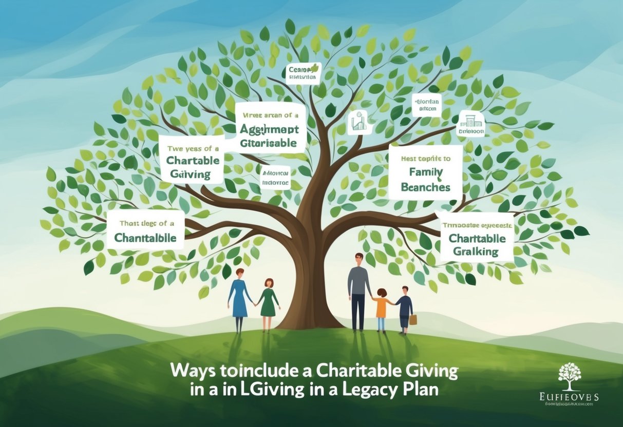 A family tree with branches representing different ways to include charitable giving in a legacy plan