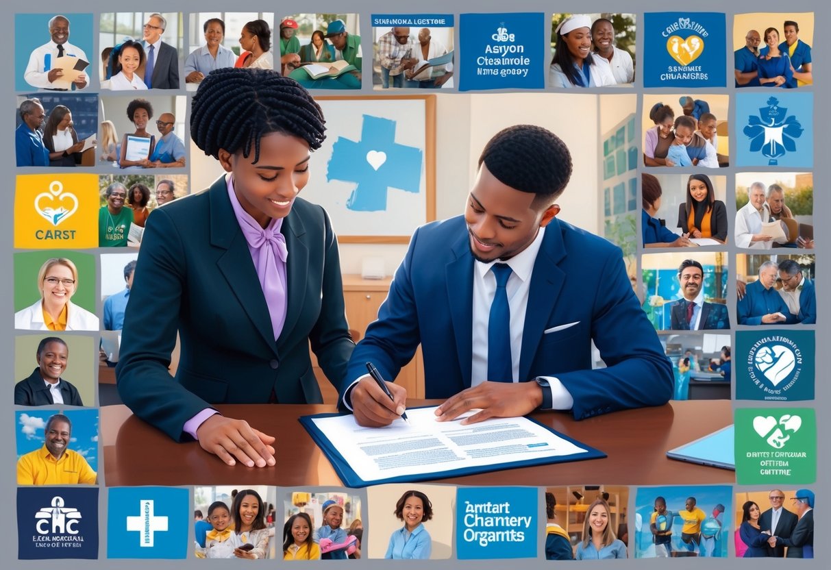 A person signing a legal document with a lawyer, surrounded by images representing various charitable organizations and causes
