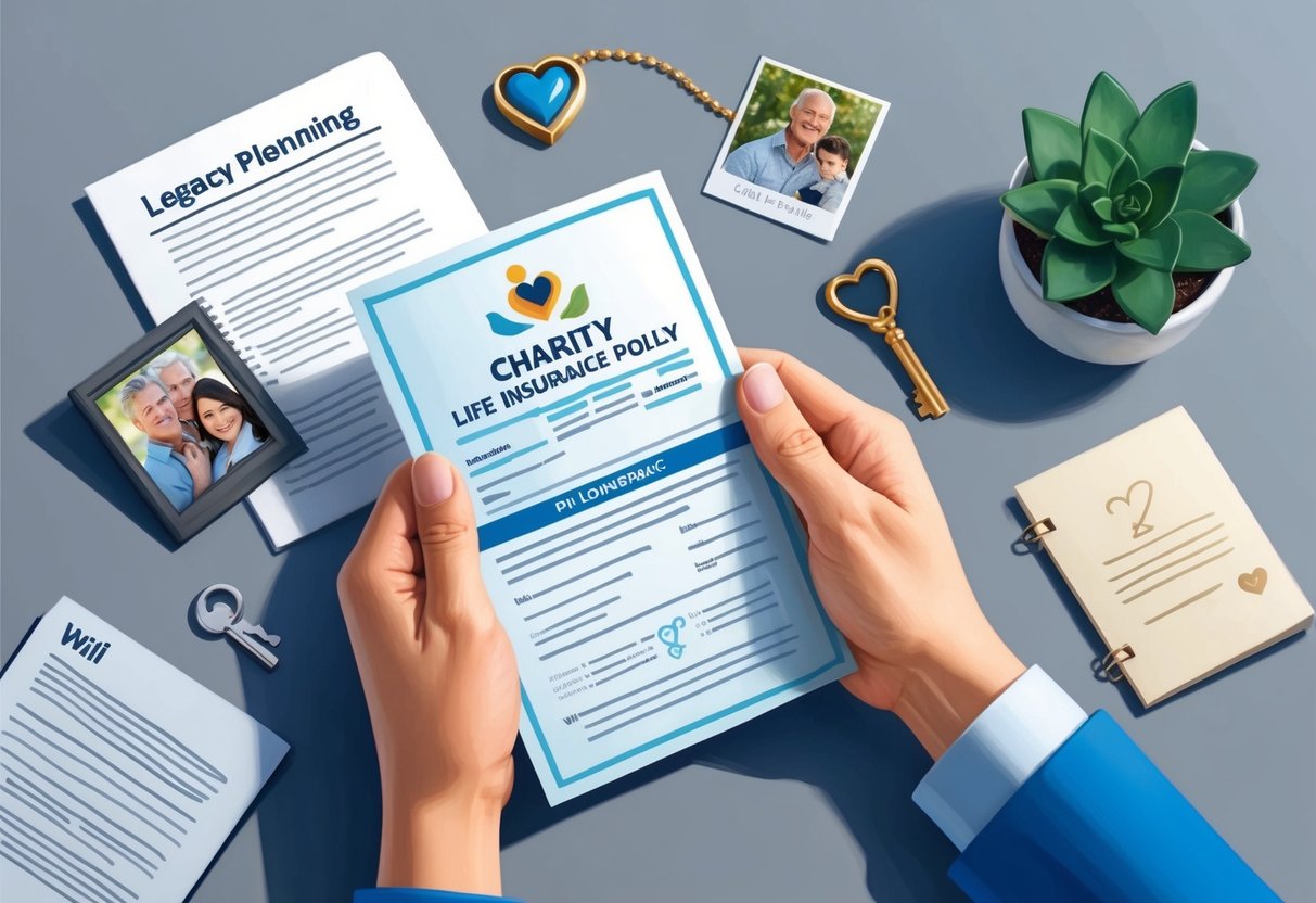A hand holding a life insurance policy with a charity's logo on it, surrounded by symbols of legacy planning such as a will, a family photo, and a heart-shaped keychain