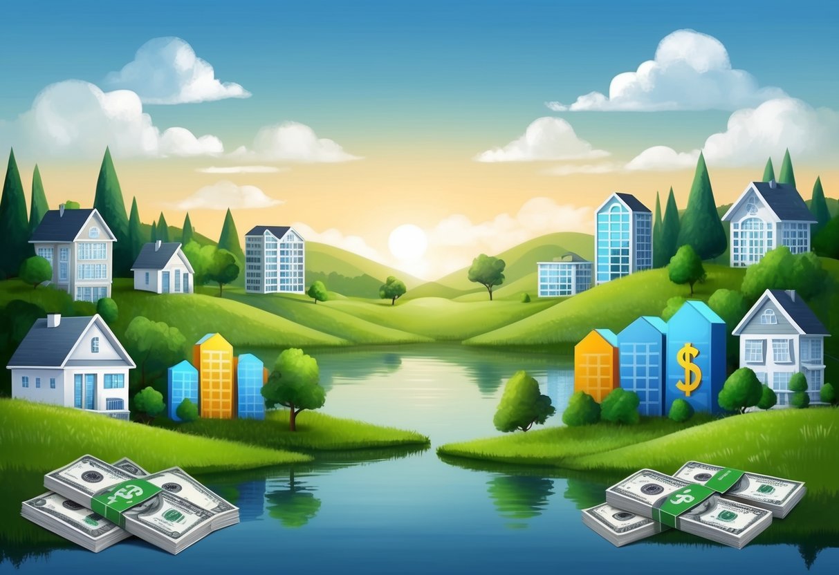 A serene landscape with a mix of real estate properties, stocks, and bonds, surrounded by tax-efficient strategies